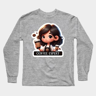 Double Delight: Cute Coffee Connoisseur with Expert Badge Long Sleeve T-Shirt